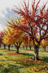 Fototapeta premium Cherry orchard in the fall with colorful leaves in watercolor style