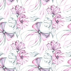 Seamless pattern with delicate pink and white flowers and bows. Handmade watercolor illustration. Great for textiles, wallpaper, wrapping paper, wedding and holiday backgrounds.