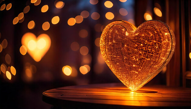 A cozy and intimate Valentine's Day setting with a glowing neon heart sign against a blurred background
