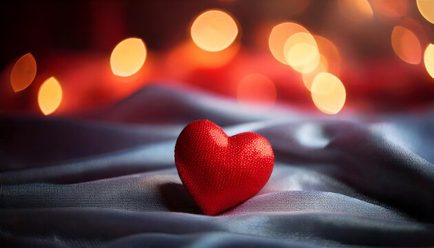 A dreamy composition featuring a small red heart resting on a silky fabric