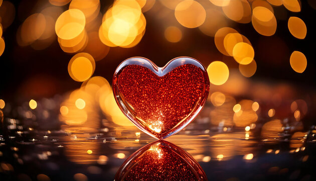 A sparkling Valentine's Day scene featuring a delicate glass heart resting on a reflective surface