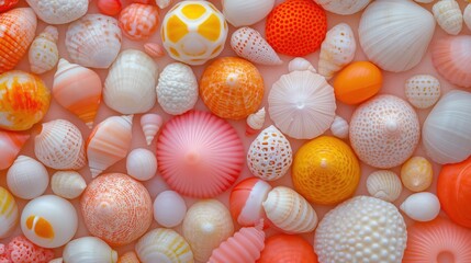 Fototapeta premium Colorful collection of seashells showcasing intricate patterns and textures gathered from a sunny beach