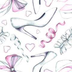 Wedding seamless pattern with shoes and garters of the bride. A hand-drawn watercolor illustration. Great for textiles, wallpaper, wrapping paper, wedding backgrounds.