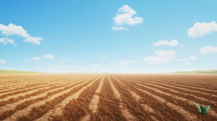 Freshly plowed field with rows of soil ready for planting under a clear blue sky on a sunny day. Generative AI