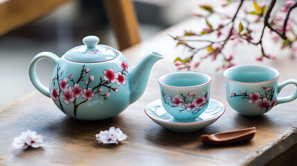 Fototapeta premium A hand painted tea set featuring blooming cherry