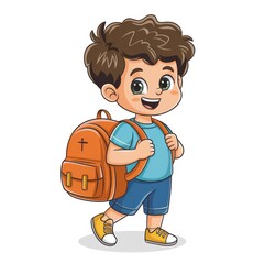a happy little boy with brown hair and big smile is going to school with a backpack on his shoulders. He is excited about learning and has a bright future ahead of him. 
