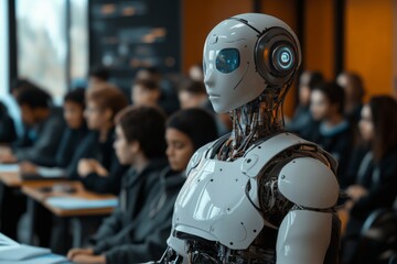 Humanoid robot seated among human audience in formal event setting