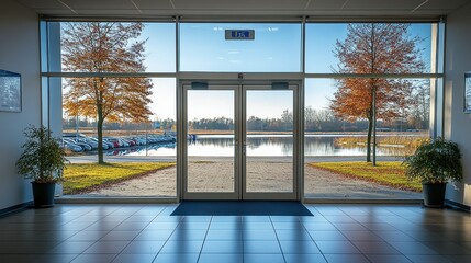 Fototapeta premium Autumnal Lake View from Modern Building Entrance