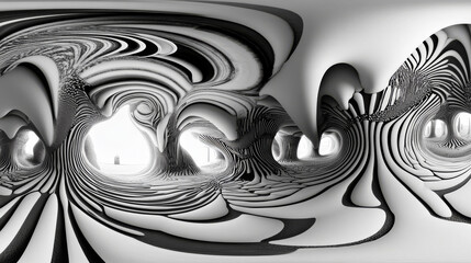 Fototapeta premium 360 degree panorama of abstract black and white curved structure vr environment map. 3D Illustration