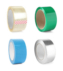 Rolls of different adhesive tapes isolated on white, set