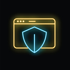 Blue neon shield covering yellow neon internet webpage on a black background