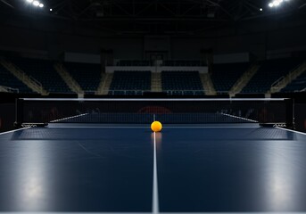 Empty Table Tennis Court in a Stadium Arena, Ready for Play