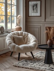 Cozy lounge chair in bright living room modern interior warm atmosphere