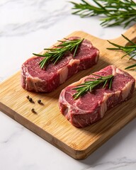 Fototapeta premium Fresh raw steak cuts garnished with rosemary on a wooden cutting board, ready for cooking or preparation.