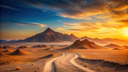Naklejka premium A Serene Desert Landscape at Sunrise with a Winding Road Leading Towards Majestic Mountains Under a Vivid, Golden Sky