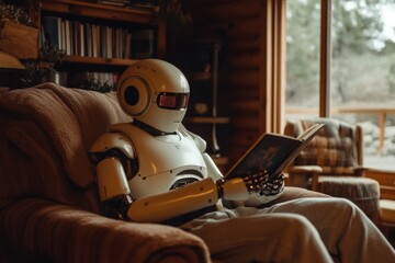 Humanoid robot reading a book in a cozy room