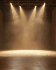 A dimly lit stage with beams of light piercing through a haze, creating a dramatic atmosphere perfect for performances.