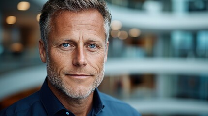 Obraz premium Confident and Friendly Business Executive Portrayed in a Thoughtful Serious Pose Against a Blurred Modern Office Background