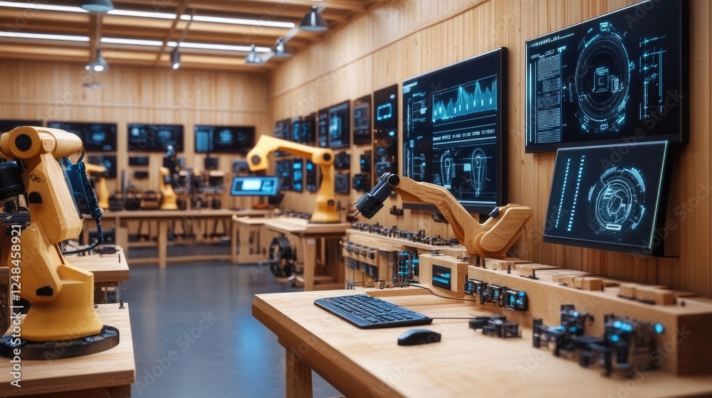 Poster Modern Robotic Workshop With Advanced Technology Displays