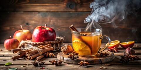 Warm spiced apple cider beverage in a glass mug with cinnamon sticks and star anise on a rustic wooden table