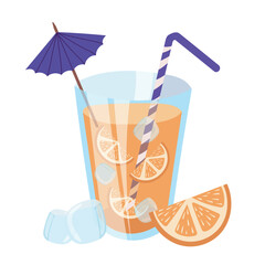 Vector illustration of a summer non-alcoholic drink in a large glass with a straw and a paper umbrella. An orange cocktail with ice.