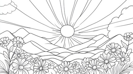 Sunrise over mountain meadow, flowers blooming, peaceful landscape, coloring page