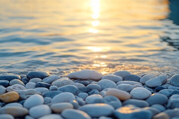 Sunset over a rocky beach with golden light reflecting on the water