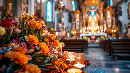 Fototapeta premium An altar decorated with flowers and candles in honor of St. Joseph inside a German Catholic church