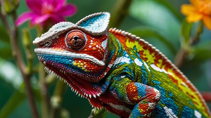 Obraz premium Vibrant Colorful Chameleon With Intricate Patterns In Lush Greenery