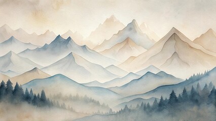 Serene Watercolor Landscape Depicting Misty Mountains and a Silhouetted Forest at Dawn
