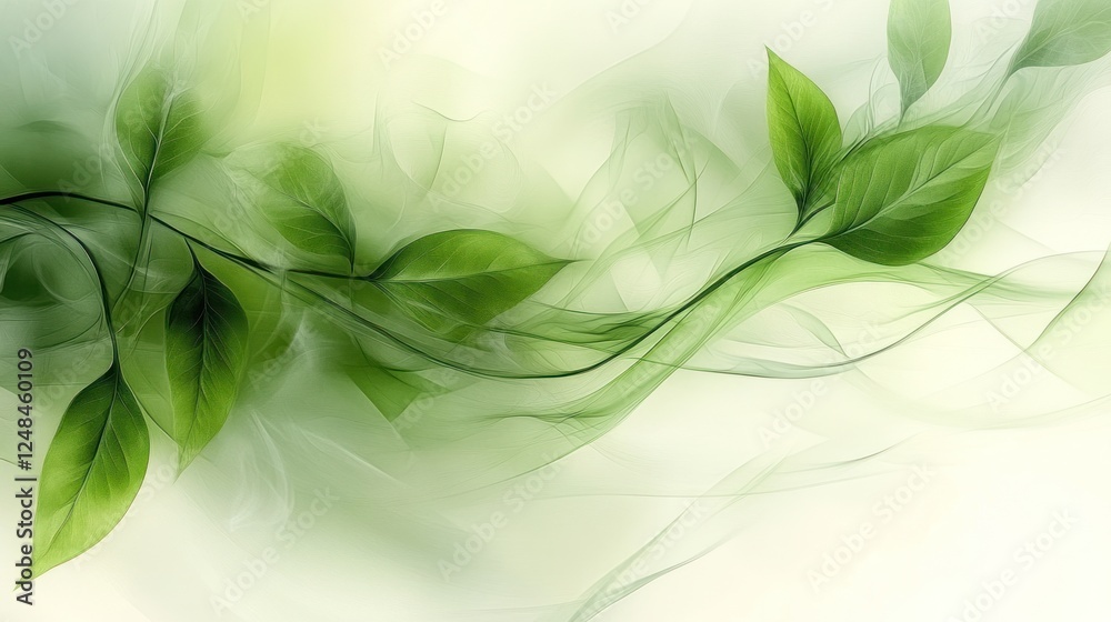 Poster green leaves floating in serene abstract waves