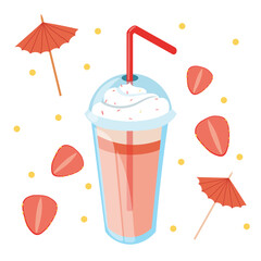 Vector illustration of a summer non-alcoholic drink in a transparent glass with a straw. A strawberry shake with berry pieces and whipped cream