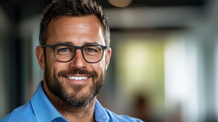 Fototapeta premium Friendly and confident middle aged male corporate executive or business professional wearing a suit tie and glasses and displaying a warm friendly smile in a studio or office environment