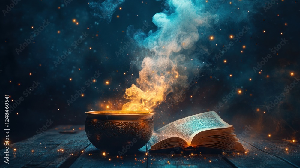 Aufkleber mystical cauldron steaming beside an open ancient book