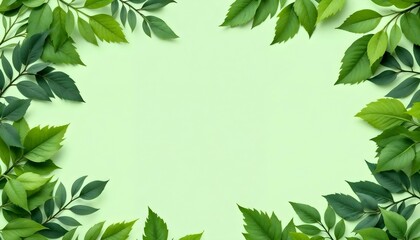 Naklejka premium Hojas verdes dispuestas alrededor de los bordes de un fondo verde claro, creando un efecto de marco con un centro en blanco