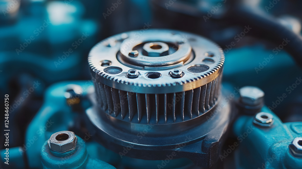 Poster a close-up view of a mechanical component, showcasing intricate details and metallic textures, refle