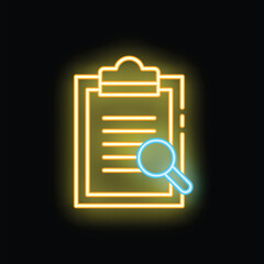 Glowing neon icon of a magnifying glass examining documents on a clipboard, representing concepts like auditing and due diligence
