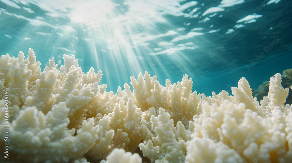 Poster a vibrant underwater scene showcasing coral formations illuminated by sunlight filtering through the