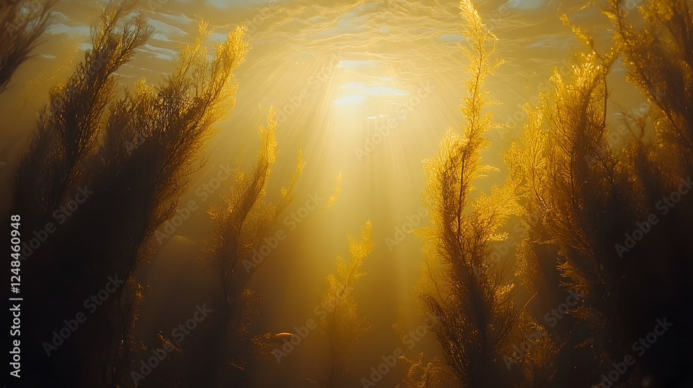 Poster a serene underwater scene with sunbeams filtering through water, illuminating swaying seaweed and cr
