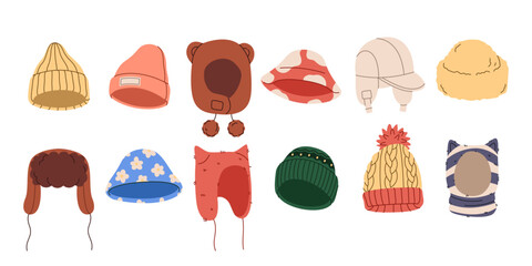 Winter hat. Wool cap. Fur clothes. Fashion for autumn. Fluffy headwear for freeze season weather. Knitted garment. Headdress for head protection. Warm accessory. Woolen accessory Vector clothing set