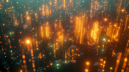 Glowing yellow and gold particles scattered across a dark, mysterious background, resembling sparks of energy or light.