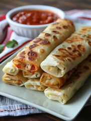 Crispy Spring Rolls with Sauce A stack of golden spring rolls on a rectangular plate.