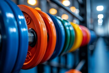 Obraz premium Colorful gym dumbbells aligned on racks in a modern fitness center