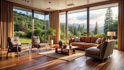 Fototapeta premium Modern living room, nature view, wooden floors. A spacious and airy interior.