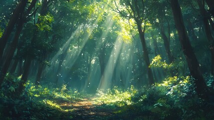 Serene Forest Landscape with Soft Sunlight Illuminating Lush Greenery
