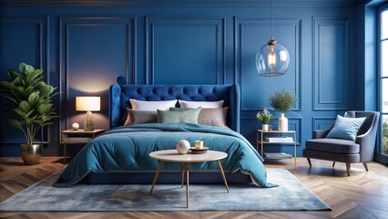 Modern Navy Blue Velvet Bed with Marble Nightstand