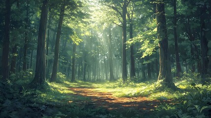 Obraz premium Serene Forest Landscape with Sunlit Rays Casting on Lush Greenery and Biodiversity