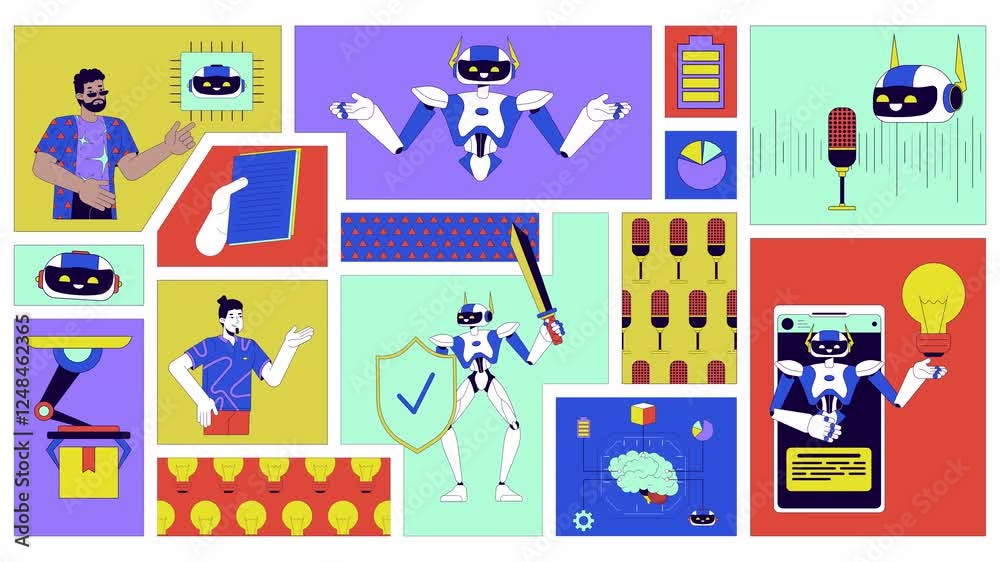 Poster ai technologies animated bento grid layout. intelligence artificial. diverse engineers. robotics and