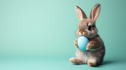 Obraz premium A small bunny holds an Easter egg on a flat background, ready for personalization.