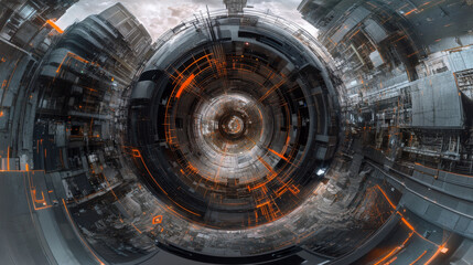 Fototapeta premium Close-Up of Black round building structure With Orange Lines 360 panorama vr environment map. 3D Illustration